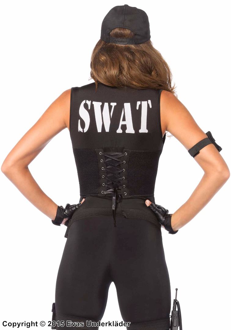Kvinnlig SWAT-officer, maskerad-jumpsuit med dragkedja på framsidan och spänne